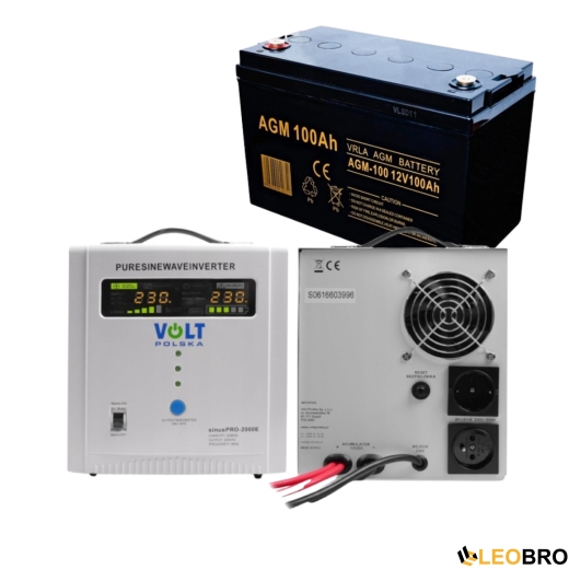 Аварійний комплект Volt Polska SINUS PRO 2000 E 12/230V 1250/2000W + Акумулятор VOLT AGM VRLA 100Ah 12V - 1