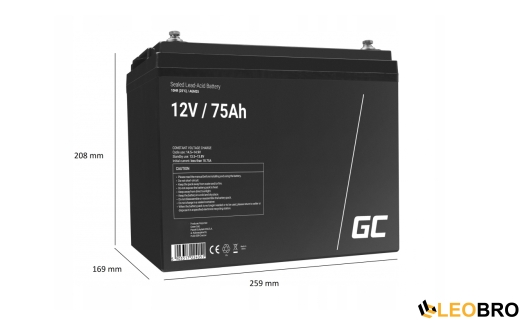 Аварийный комплект Powermat 800 VA 12/230V 640W/800VA + Аккумулятор Green Cell AGM VRLA 75Ah 12V - 3