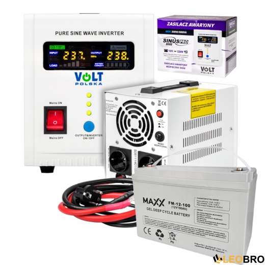 Аварийный комплект Volt Polska SINUS PRO 800 E 12/230V 500/800W + 4SUN MAXX GEL DEEP CYCLE 100Ah 12V - 1