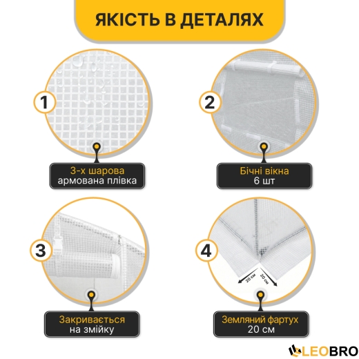 Посилена садова теплиця парник LEOBRO Garden 10м2 White (LB-10M25W) - 3