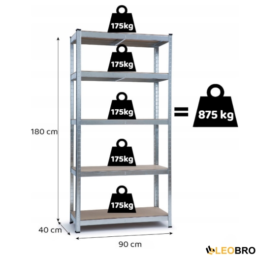 Стеллаж LEOBRO Premium 180 х 90 х 40 см, 175кг/полка, 5 полок (LB-R175-GAN) - 4