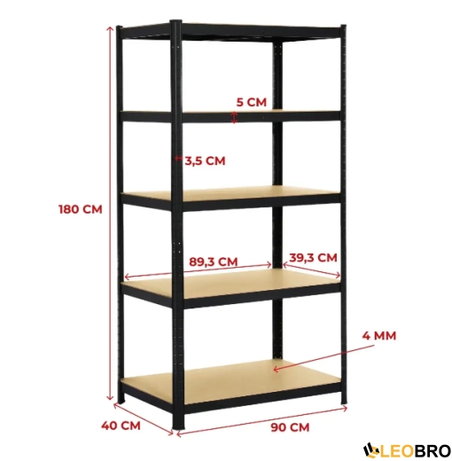 Стелаж LEOBRO Чорний 180 х 180 х 40 см, 175кг/полиця, 5 полиць (LB-R175-BLKX2) - 3