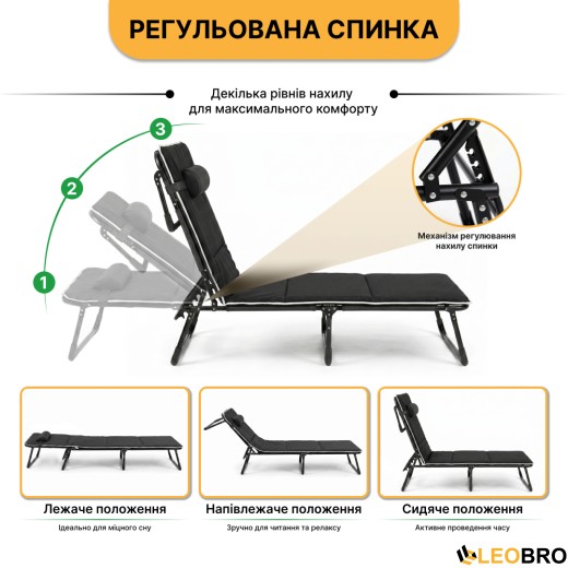 Розкладне ліжко (розкладачка) з Mesh-матрацом і подушкою LEOBRO Black (LB-FB-A2-BLK) - 7