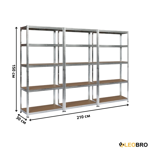 Набір із трьох стелажів LEOBRO Premium 150 х 210 х 30 см, 150кг/полиця, 5 полиць (LB-R110Х3) - 2