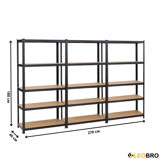 Набір із трьох стелажів LEOBRO Чорний 180 х 270 х 40 см, 175кг/полиця, 5 полиць (LB-R175-BLKX3) - 2