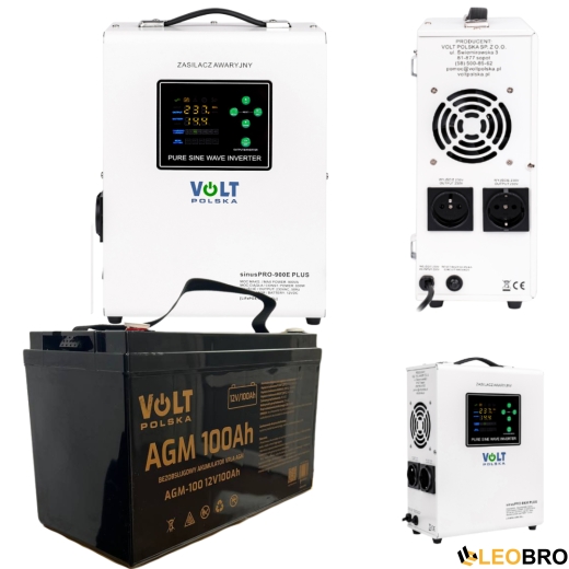 Комплект Volt Polska SINUS PRO 900 E PLUS 12/230V 600/900W + Акумулятор AGM 12V 100 Ah (6AKUXAG100) - 1