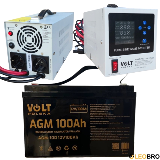 Комплект Volt Polska SINUS PRO 1100 E PLUS 12/230V 800/1200 + Акумулятор AGM 12V 100 Ah - 1