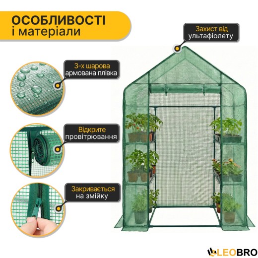 Стеллаж-теплица LEOBRO 143x73x195 см на 4 полки Green (LB-G121) - 4