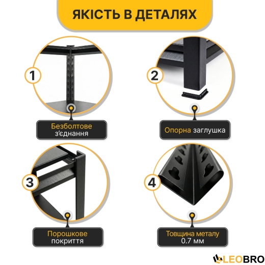 Стелаж з металевими полицями LEOBRO 152 х 70 х 30 см, 175кг/полиця, 4 полиці (LB-R126) - 6