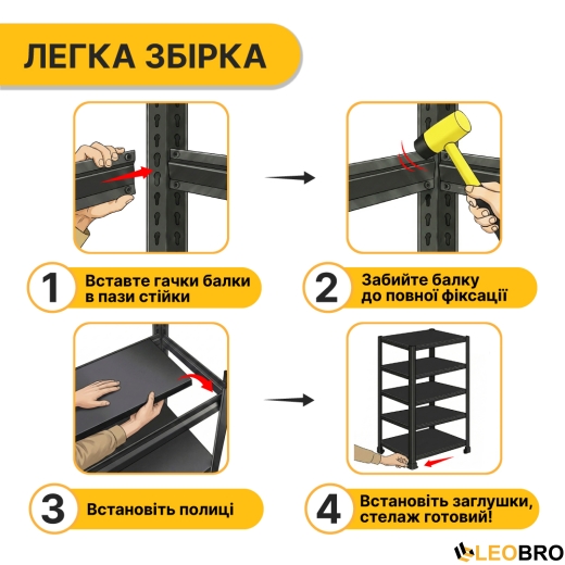 Стелаж з металевими полицями LEOBRO 182 х 90 х 40 см, 175кг/полиця, 5 полиць (LB-R127) - 5