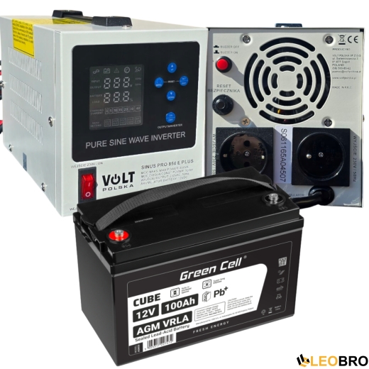 Аварийный комплект питания Volt Polska SINUS PRO 850 E PLUS 12/230V 500/850W + Аккумулятор Green Cell AGM 12V 100 Ah - 1