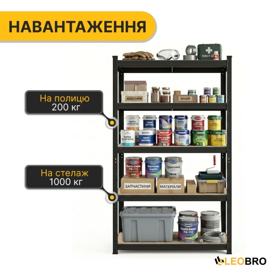 Стелаж LEOBRO Premium Black 180 х 100 х 50 см, 200кг/полиця, 5 полиць (LB-R129) - 4