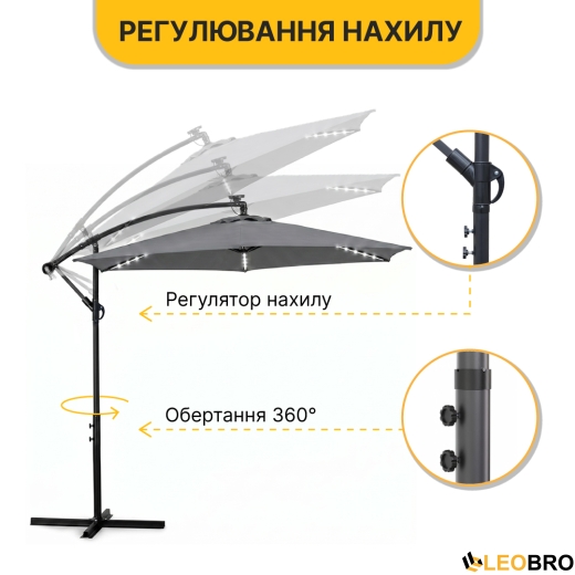 Складна садова парасоля з боковим подовжувачем та LED підсвіткою LEOBRO Сіра (LB-1083) - 7