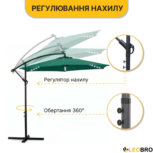 Складна садова парасоля з боковим подовжувачем та LED підсвіткою LEOBRO Зелена (LB-1085) - 7