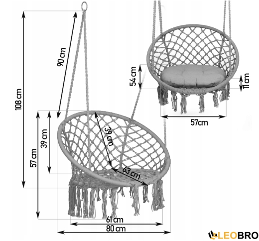 Гойдалка гніздо зі спинкою 80 см плетена BOHO Grey + подушка (290010) - 3
