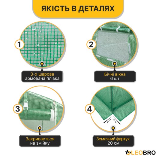 Усиленная садовая теплица парник LEOBRO Garden 10м2 Green (LB-10M25) - 3