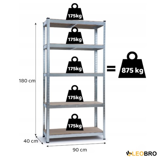 Стеллаж LEOBRO 180 х 90 х 40 см, 175кг/полка, 5 полок (LB-R175-GAL) - 7
